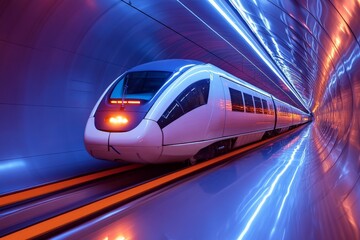Naklejka premium Modern high-speed train moving through a futuristic tunnel illuminated by vibrant blue and orange lights
