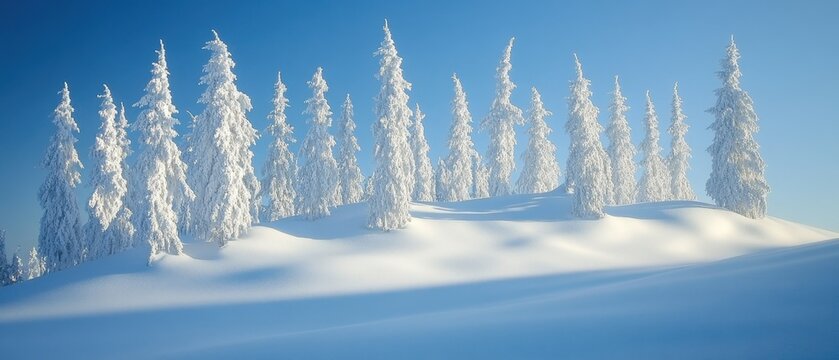 Serene winter landscape with snow covered fir trees against a clear blue sky creating a peaceful and scenic view in a frosty environment - Powered by Adobe