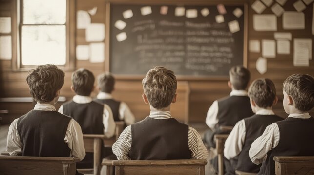 Vintage Classroom Scene with Students Facing Black Board