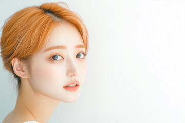 Fototapeta premium Portrait of young Asian woman with a warm smile, and natural makeup, against a plane background. The minimal composition creates a fresh, modern, and professional aesthetic, perfect for business.