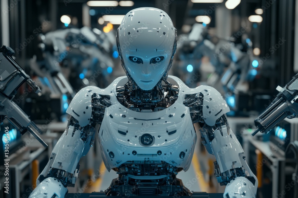 Aufkleber advanced humanoid robot in a high-tech manufacturing facility observing assembly line operations