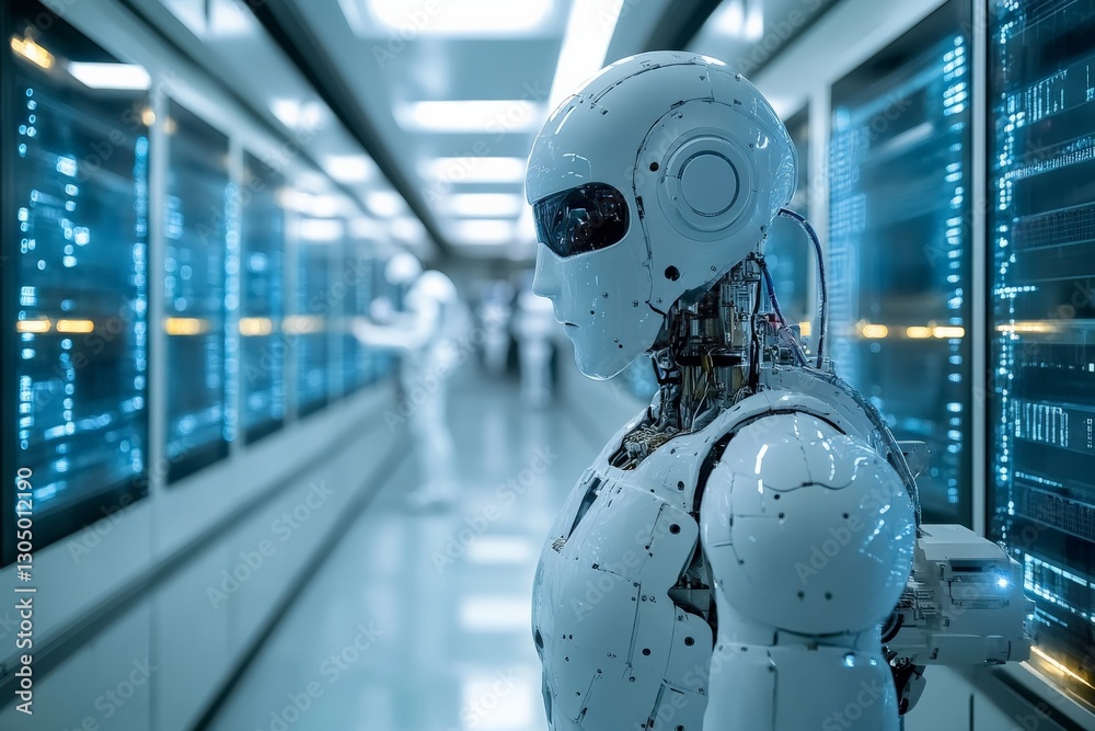 Fototapete Robotic figure stands in a futuristic corridor surrounded by advanced technology and digital displays in a high-tech environment
