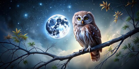 Adorable Owl Perched on Branch Under Moonlight - Night Wildlife Drone Shot