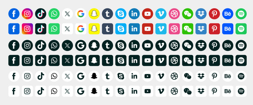 Collection of popular social media app icons with rounded corners and round shapes. Positive and negative application of social network logos.