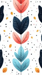 Obraz premium Vibrant Floral Pattern with Stylized Leaves and Playful Dots on White Background for Modern Designs