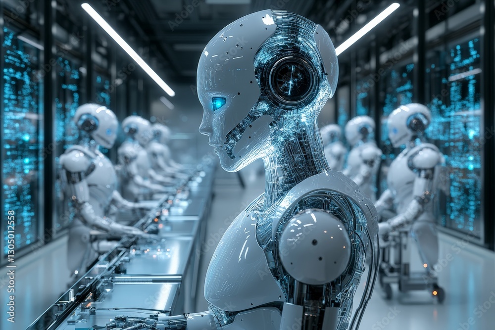 Aufkleber Futuristic robots working in a high-tech production facility with glowing interfaces and advanced technology