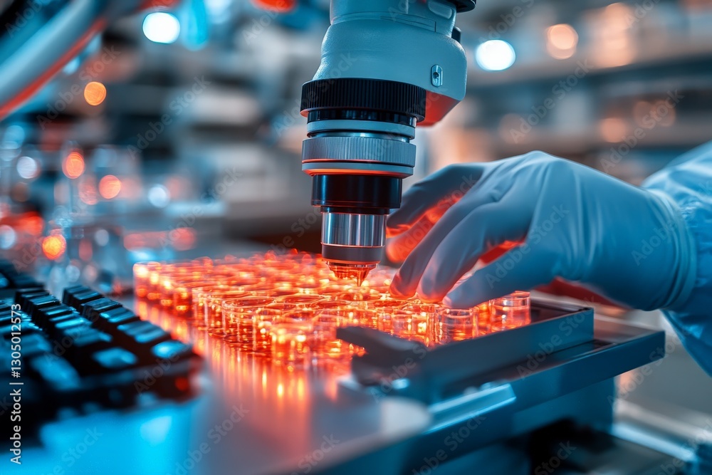 Aufkleber Scientist analyzes samples under microscope in laboratory using advanced technology for research