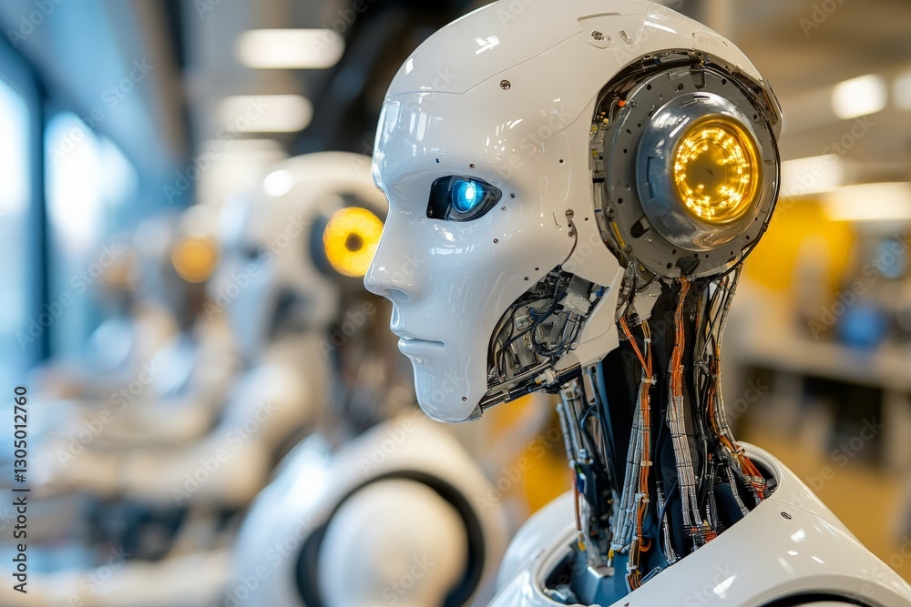 Poster advanced humanoid robots with glowing features stand in a modern tech workspace during daylight hour