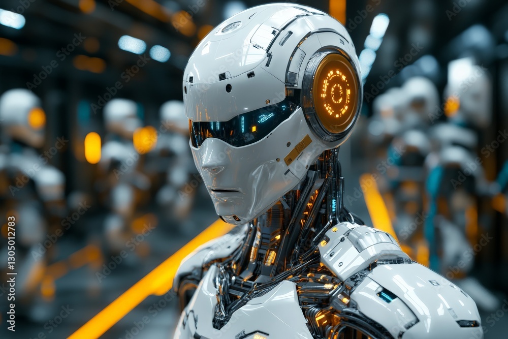 Fototapete Robotic figures in a futuristic environment showcasing advanced technology and artificial intelligence in action
