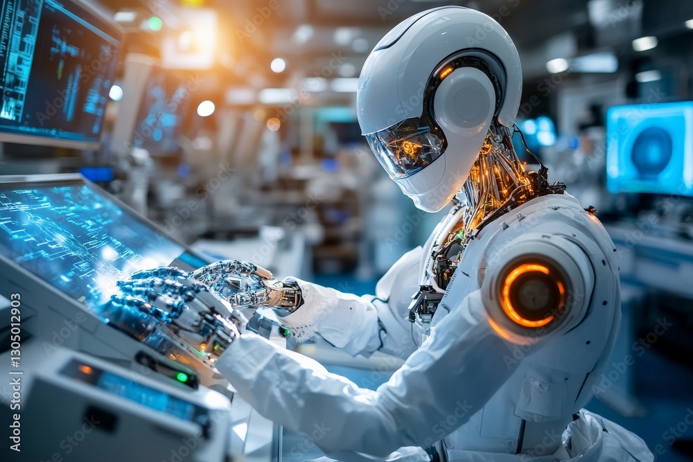 Aufkleber Future of technology is showcased by a humanoid robot interacting with advanced interfaces in a high-tech lab environment
