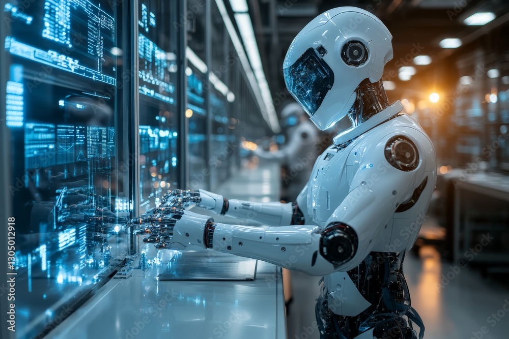 Aufkleber Advanced robot interacts with holographic data in a high-tech laboratory during a busy work shift