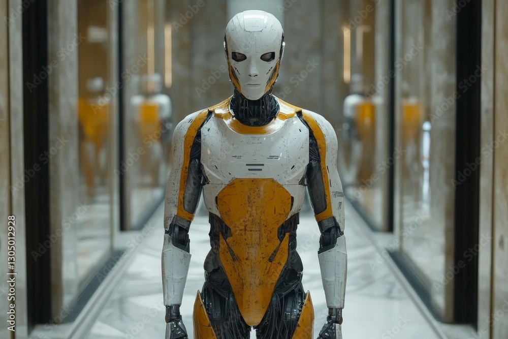 Aufkleber intricate humanoid robot stands in a modern corridor with reflective surfaces showcasing advanced te