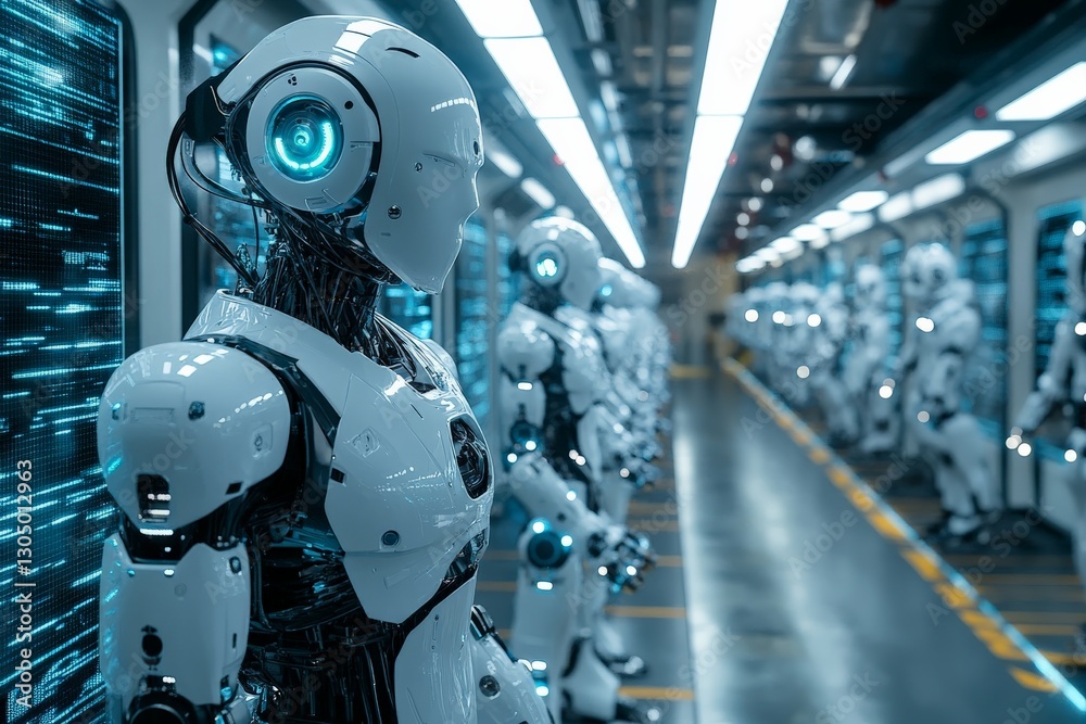 Aufkleber Futuristic robotics lab featuring humanoid robots with glowing accents in a high-tech environment