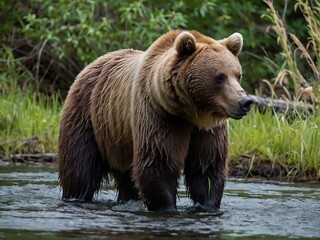 Obraz premium Grizzly Bear in River: Wildlife Photography Showcase of Brown Bears in their Natural Habitat - Explore North America's Breathtaking Woodland and Wetland Ecosystems