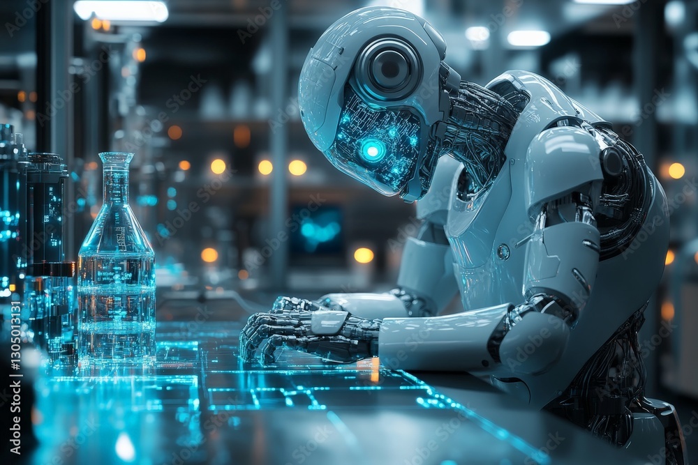 Poster advanced robot working in a futuristic laboratory on digital data analysis during nighttime