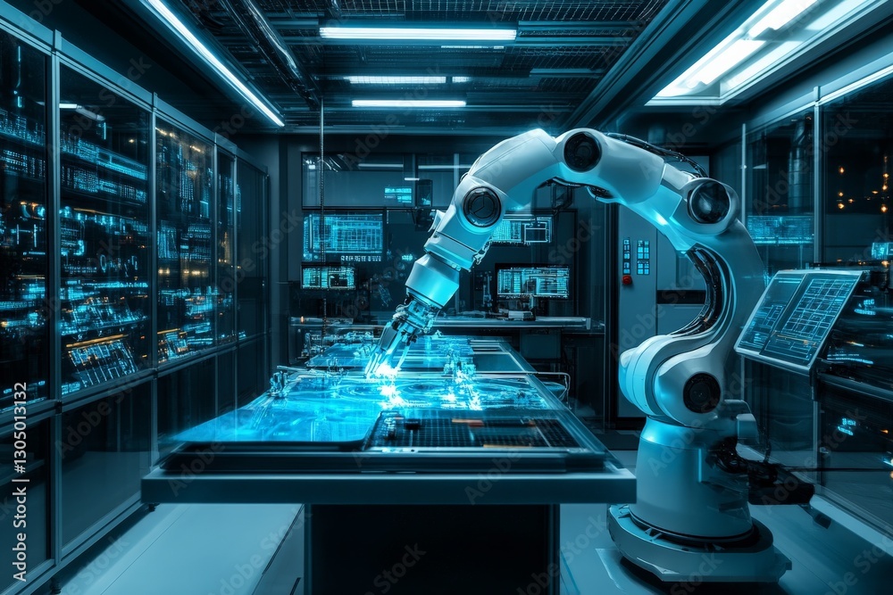 Poster Robotic arm engaged in precise craftsmanship in a high-tech laboratory environment