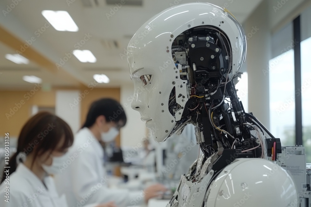 Aufkleber Robotic assistant being developed in a modern laboratory setting during daytime with researchers in white coats