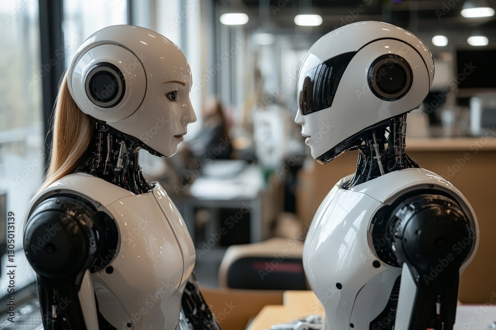 Leinwandbilder robots engaged in a conversation in a futuristic workspace during daylight hours