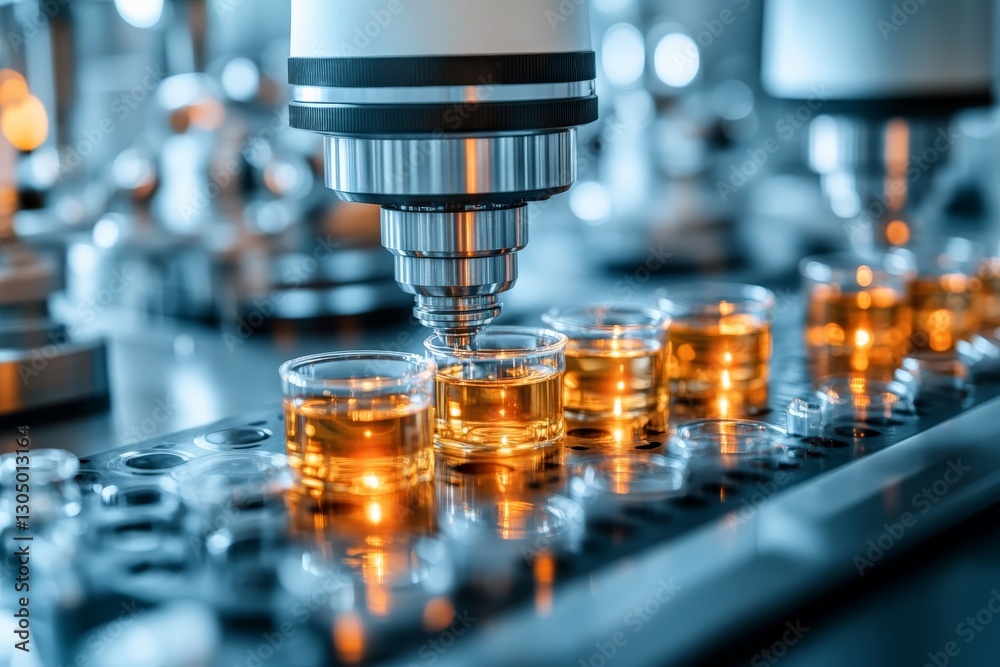 Poster advanced laboratory equipment analyzes samples of amber liquid beneath precise microscope lenses in 