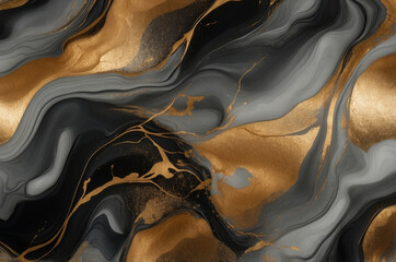 Swirling black, gray, and gold abstract background creating a luxurious and fluid marble design.