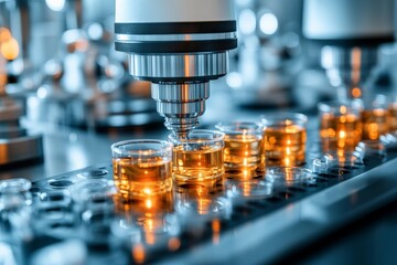 Advanced laboratory equipment analyzes samples of amber liquid beneath precise microscope lenses in a busy research facility