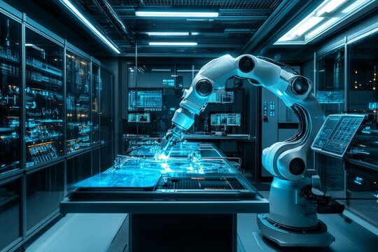 Robotic arm engaged in precise craftsmanship in a high-tech laboratory environment