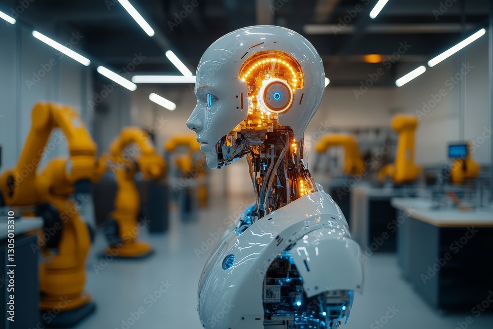 Aufkleber Advanced humanoid robot with intricate circuitry in modern workshop featuring robotic arms