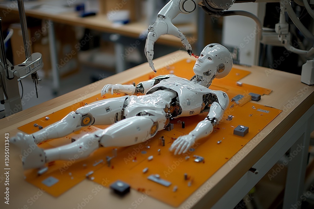 Poster Robotic arm assembling components on a humanoid robot in a workshop setting