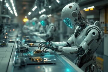 Fototapeta premium Robots assembling electronic components in a modern manufacturing facility during daylight hours