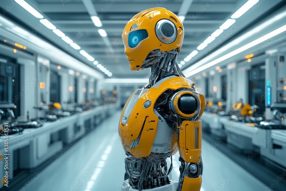 Poster advanced robotics showcase in a modern manufacturing facility with a focus on an innovative humanoid