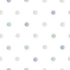 Watercolor seamless pattern with blue and grey polka dot. Isolated on white background. Hand drawn clipart. Perfect for card, postcard, tags, invitation, printing, wrapping.