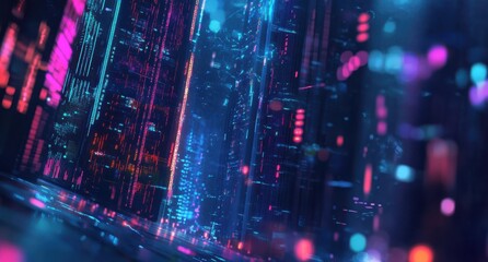 Naklejka premium Futuristic Neon Cityscape with Glowing Lights, Digital Aesthetic, and High-Tech Ambiance in a Dark and Mysterious Environment