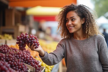 A Woman Holding a Bunch of Grapes at a Farmers Market - Generative AI