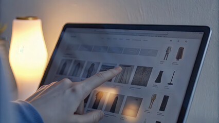 person selecting items on tablet screen, showcasing various home decor options. warm light creates cozy atmosphere