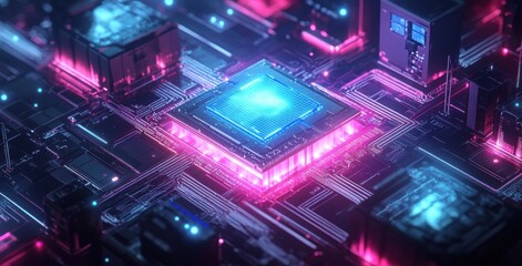 Fototapeta premium Futuristic Neon Circuit Board with Glowing Processor and Digital Connections in a Technological Landscape