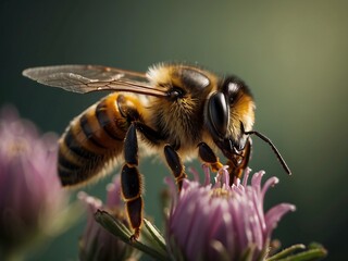 Macro Photography: Colorful Honeybee on Flower in Natural Habitat - The Vital Role of Tiny Pollinators in Supporting Ecosystems