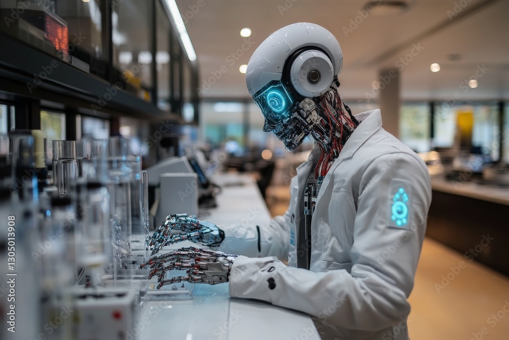 Poster Robot conducting experiments in a modern laboratory setting during daylight hours