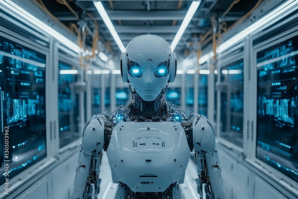Poster advanced humanoid robot stands inside a futuristic facility with glowing blue eyes and digital inter
