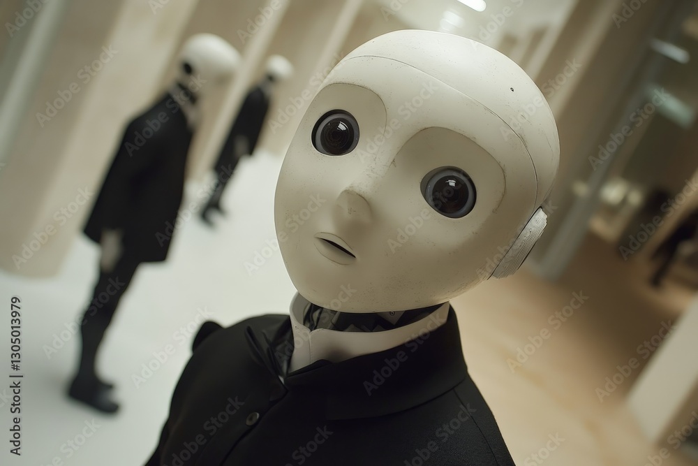 Poster robots engaging in a futuristic exhibition showcasing advanced artificial intelligence and robotics 