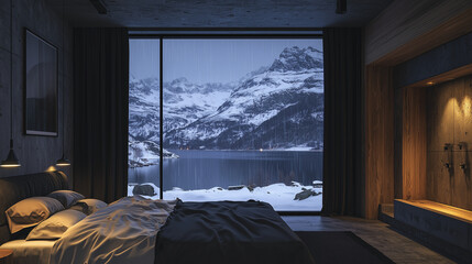 Cozy modern bedroom with a large window overlooking a serene snowy mountain lake on a rainy evening, creating a tranquil ambiance