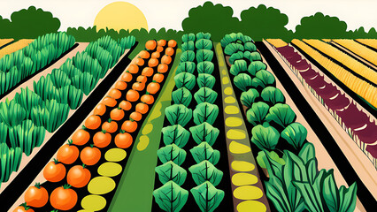 Naklejka premium Vegetable Farm Landscape Illustration with Rows of Crops at Sunrise
