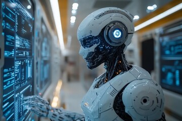 Robot engaged in data analysis in a modern technological facility