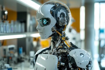 Fototapeta premium Advanced humanoid robot stands in a high-tech laboratory showcasing its intricate design and functionality during daylight hours