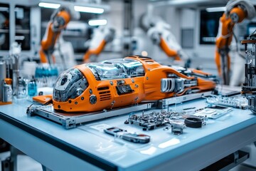 Innovative robotic assembly in a high-tech laboratory showcasing advanced technology and design in a futuristic workspace