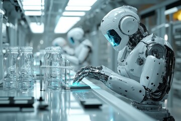Advanced robots engage in precise assembly tasks within a futuristic manufacturing facility during daylight hours