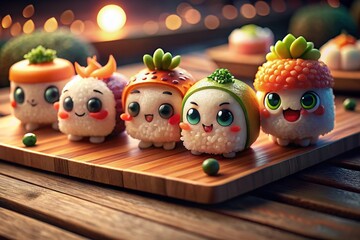 Fototapeta premium Adorable Sushi Characters on Wooden Board - Low Light Food Photography