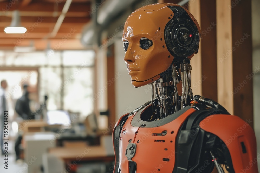 Poster innovative humanoid robot showcased in a modern workspace during a technology exhibition in the afte