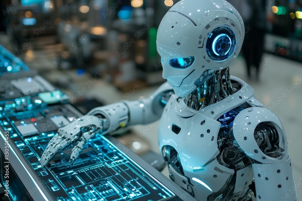 Aufkleber futuristic robot interacting with advanced technology at a modern exhibition in a bustling urban env