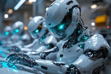 Fototapeta premium Futuristic robots assembling technology in a high-tech facility during daylight hours
