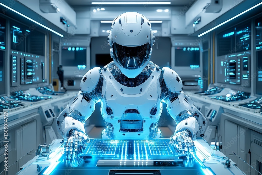 Aufkleber Robotic engineer working in high-tech laboratory with glowing interfaces and advanced technology